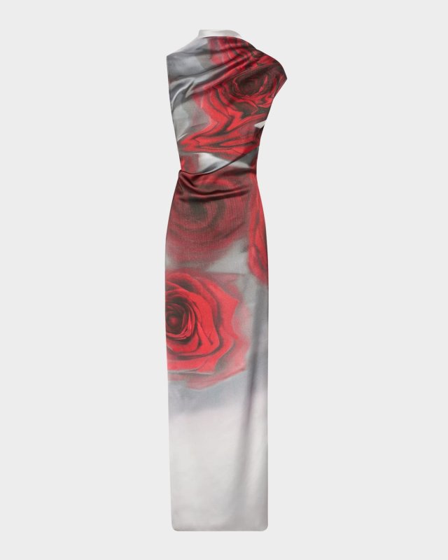 Blurry Rose-Print Draped Satin Maxi Dress